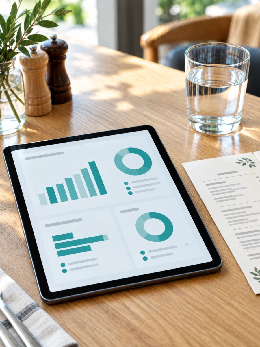 Tablet con gli indicatori del locale sul tavolo, accanto al menu