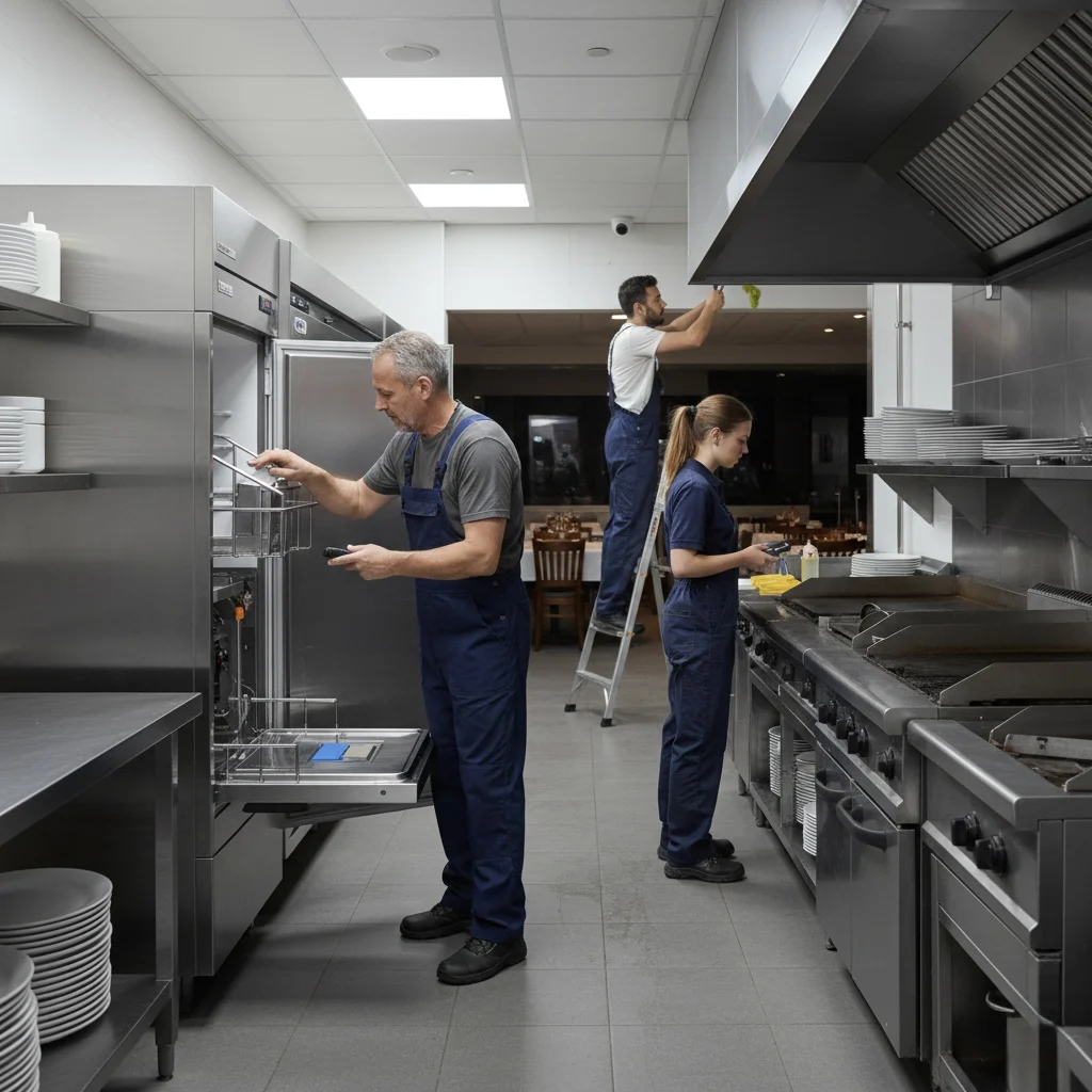 Tecnici al lavoro sulla manutenzione di una cucina professionale