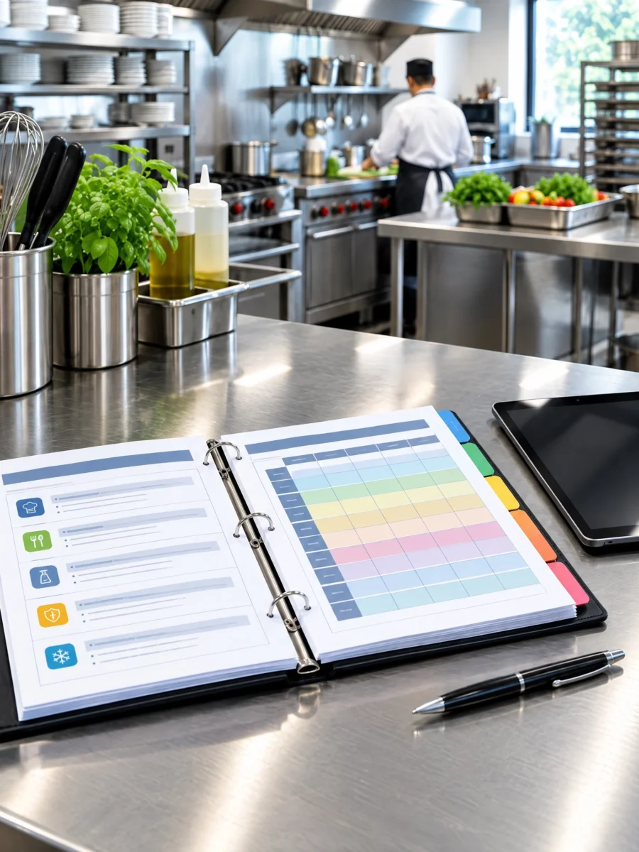 Raccoglitore con procedure operative e planning sul piano inox della cucina