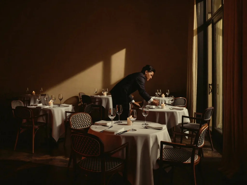 Sala del ristorante in preparazione prima del servizio serale