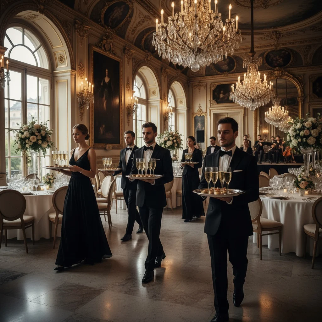 Personale di sala in servizio con i calici durante un evento di gala