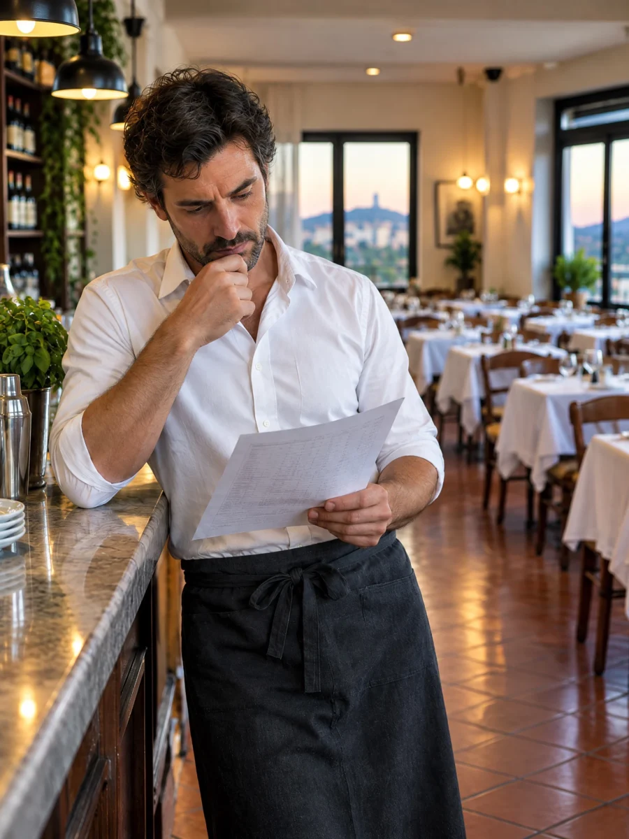Titolare al bancone che rivede i numeri della serata a fine servizio